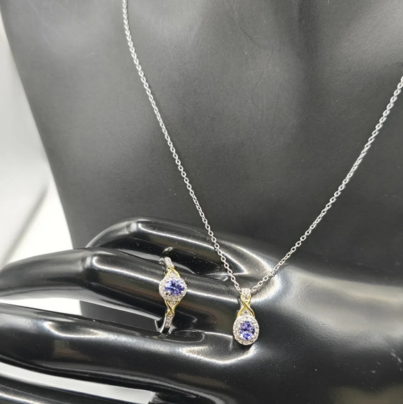 Tanzanite, White Zircon Infinity Halo Ring (Size 7.0), Pendant Necklace 20" 925 - Picture 13 of 14